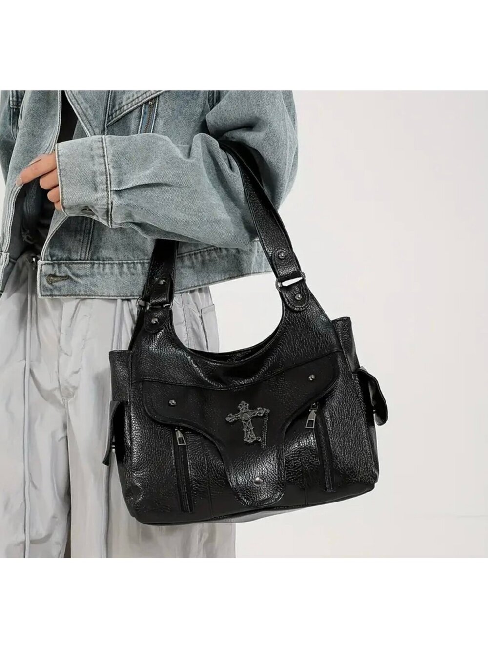 New -Chic -Vintage Inspired Y2K Faux Leather Shoulder Bag w/Cross Accents -Black - Picture 1 of 7